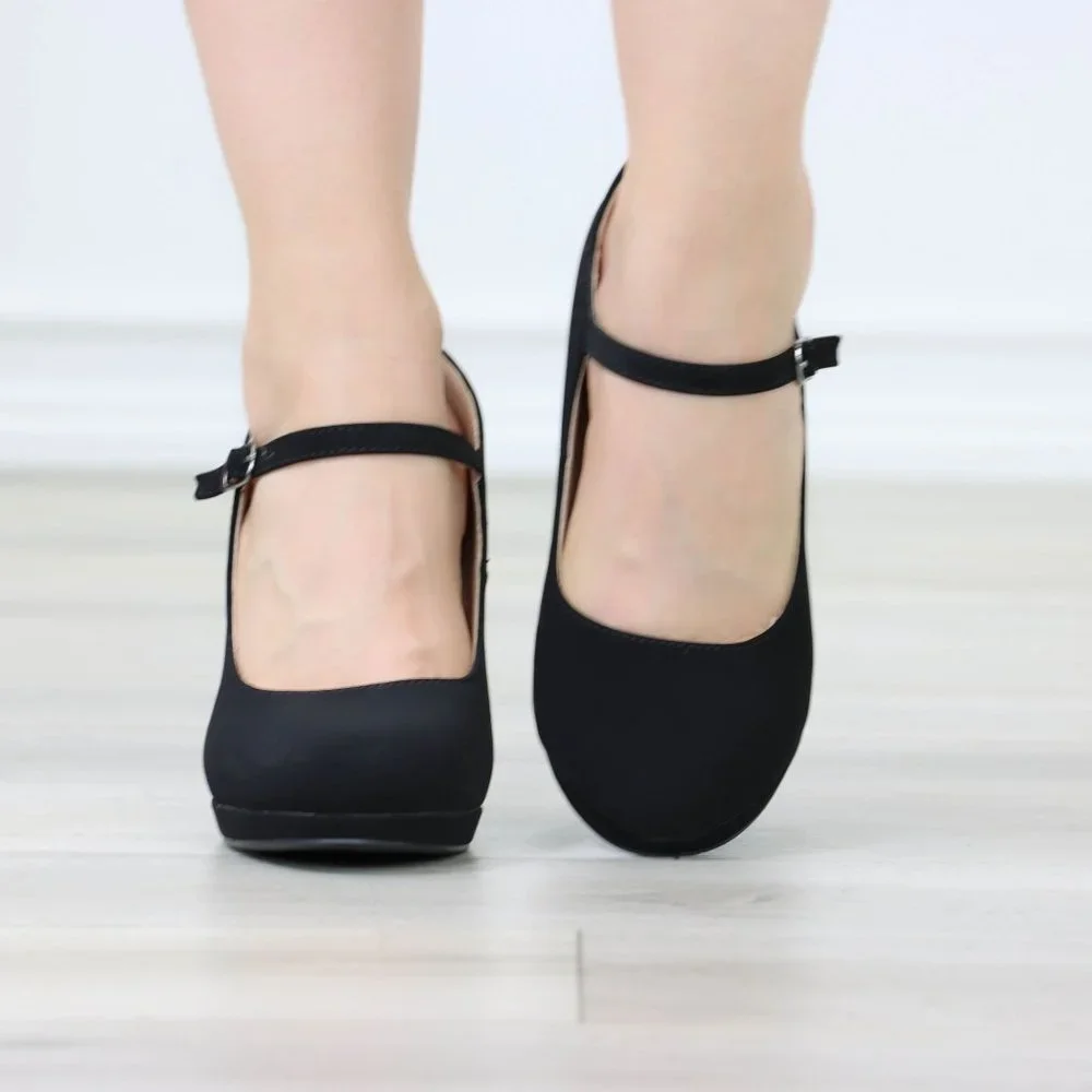 Black Rockabilly High Heels Ankle Strap Round Toe Classic Pumps Nubuck - Picture 9 of 12